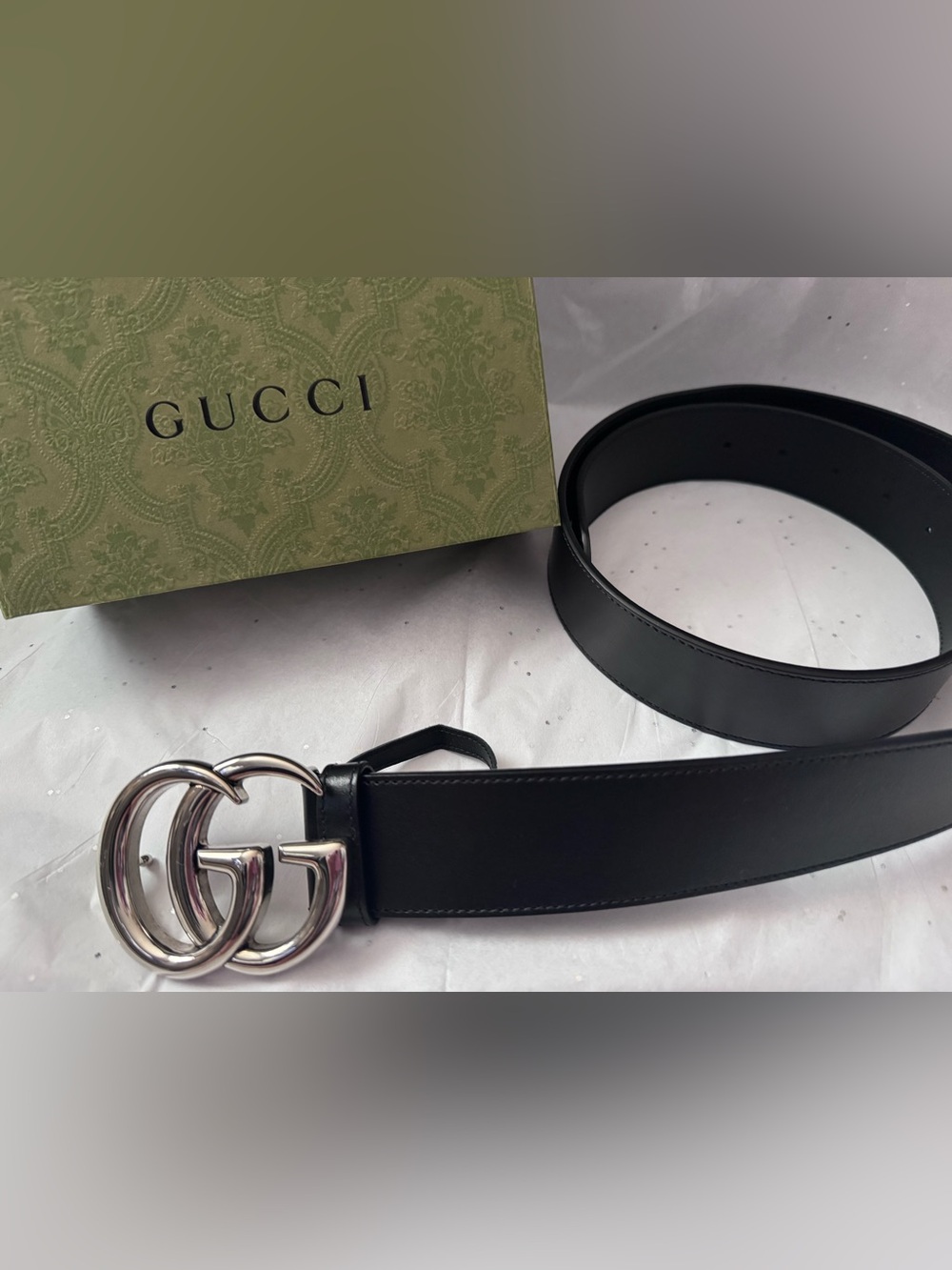 Gucci Black Leather Belt with Silver Double G Interlocking Buckle